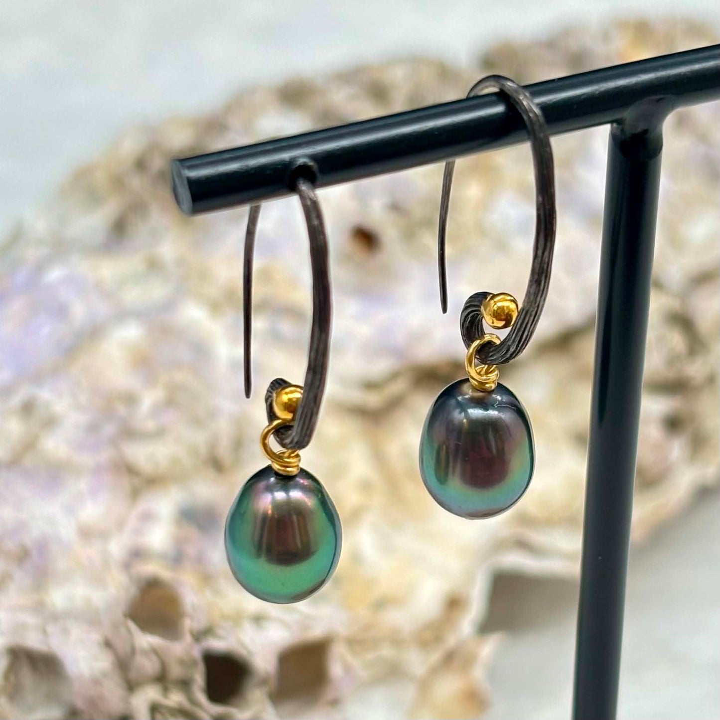Orient Peacock Tahitian Pearl Drop Earrings 9mm