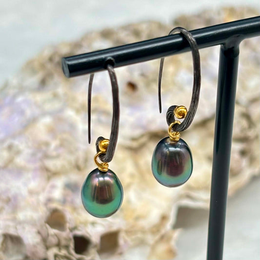 Orient Peacock Tahitian Pearl Drop Earrings 9mm