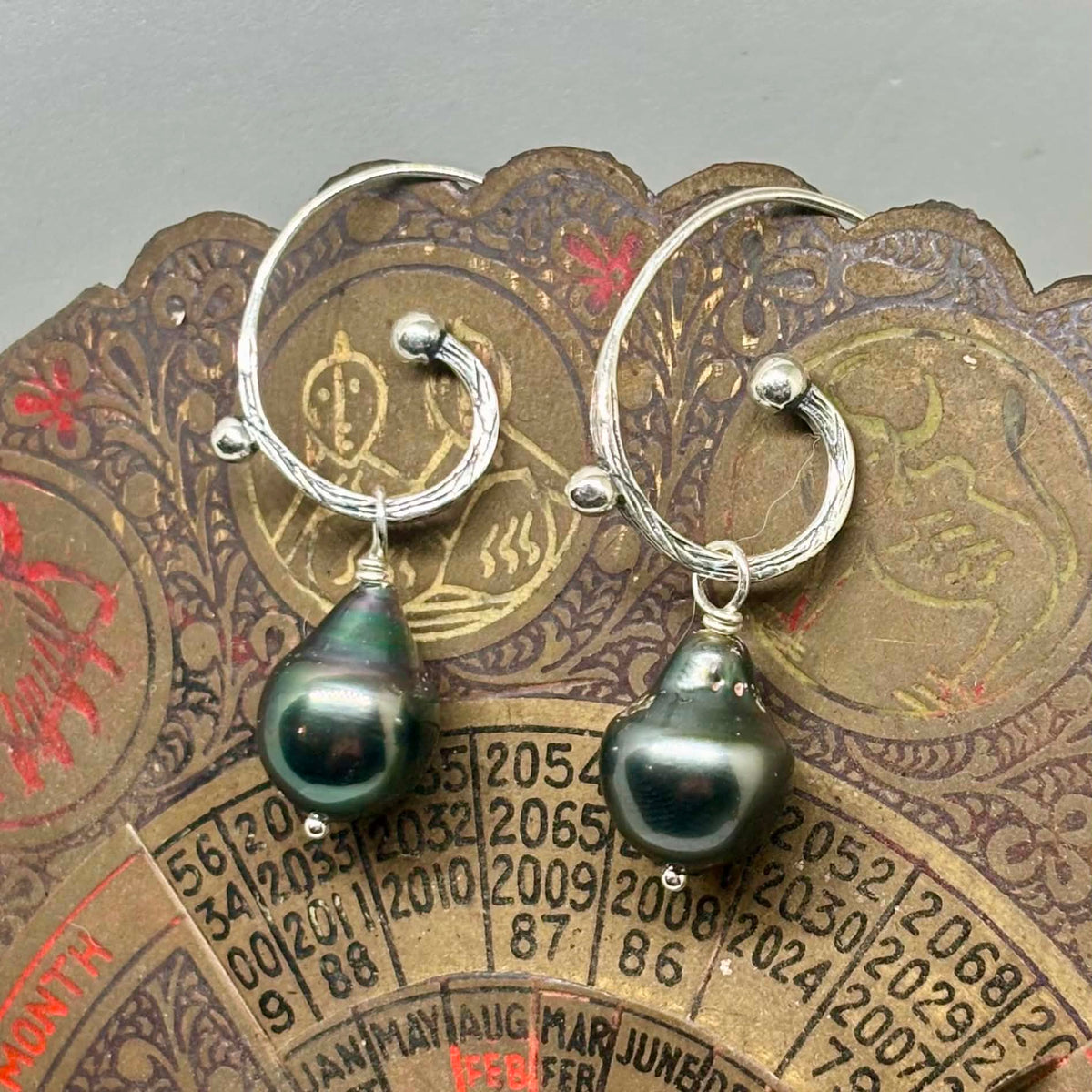 Boho Peacock Tahitian Baroque Pearl Earrings with Silver Hooks