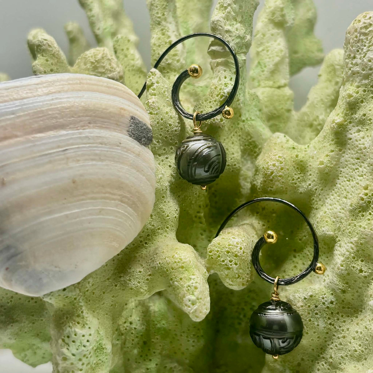 Boho Tattoo Pearl Earrings, 11 mm | Blackened Silver & Gold Accents