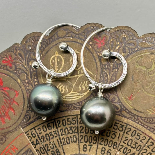 Boho Green Tahitian Pearl Earrings, 11 mm | Silver Hooks