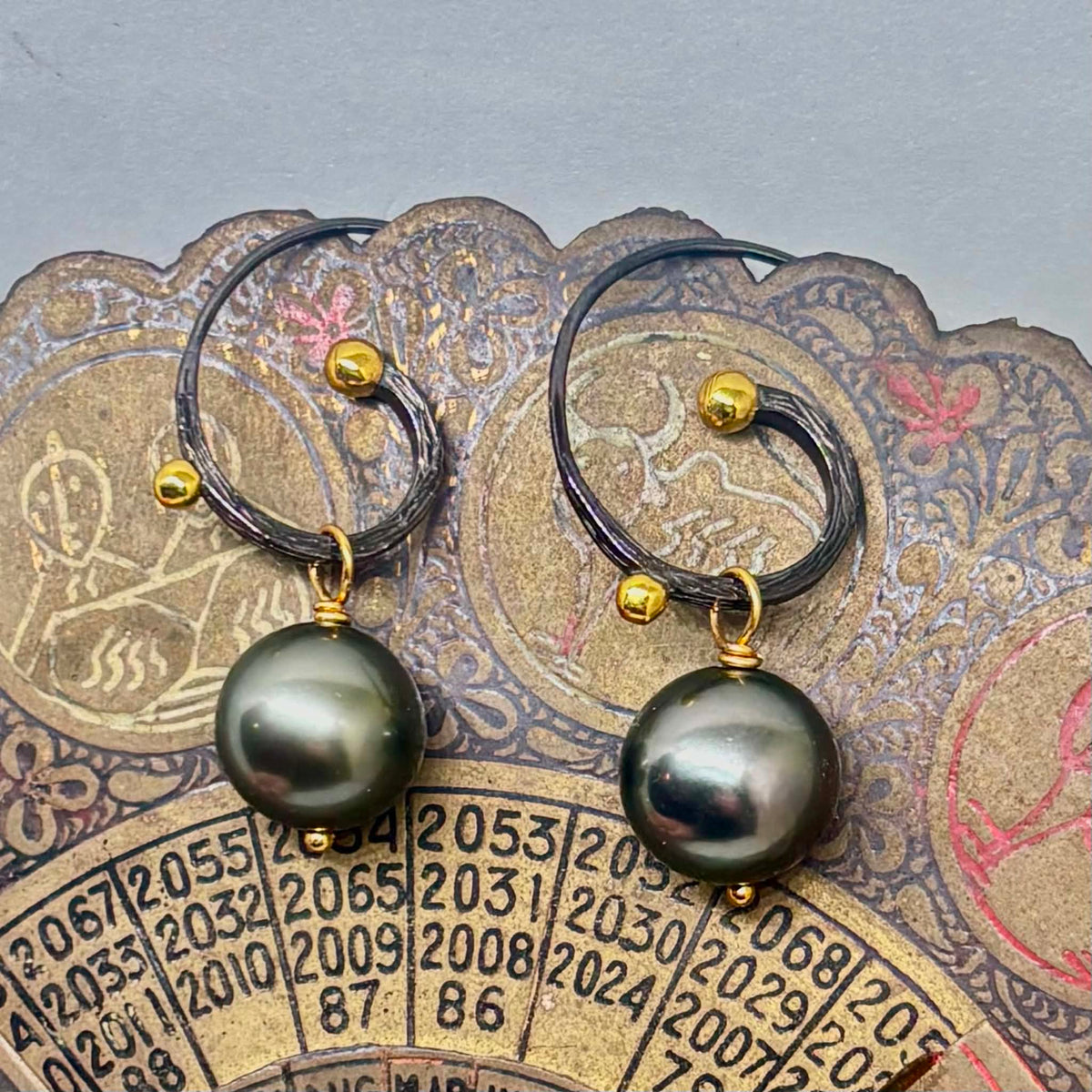 Boho Peacock Tahitian Pearl Earrings, 11 mm | Blackened Silver & Gold Accents