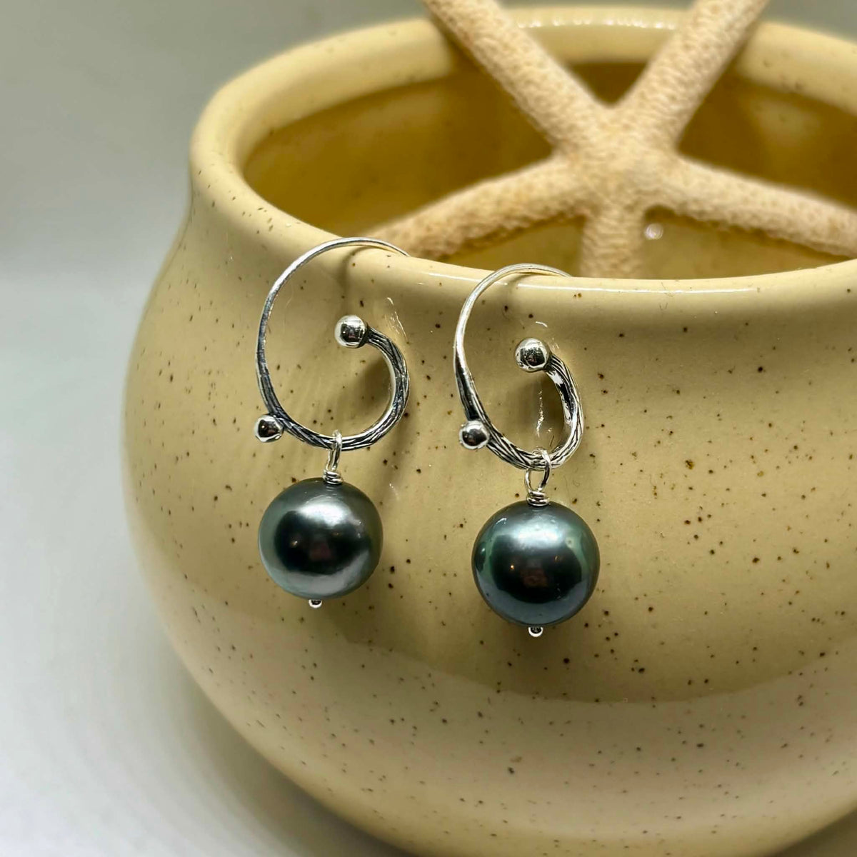 Boho Green Tahitian Pearl Earrings, 11 mm | Silver Hooks