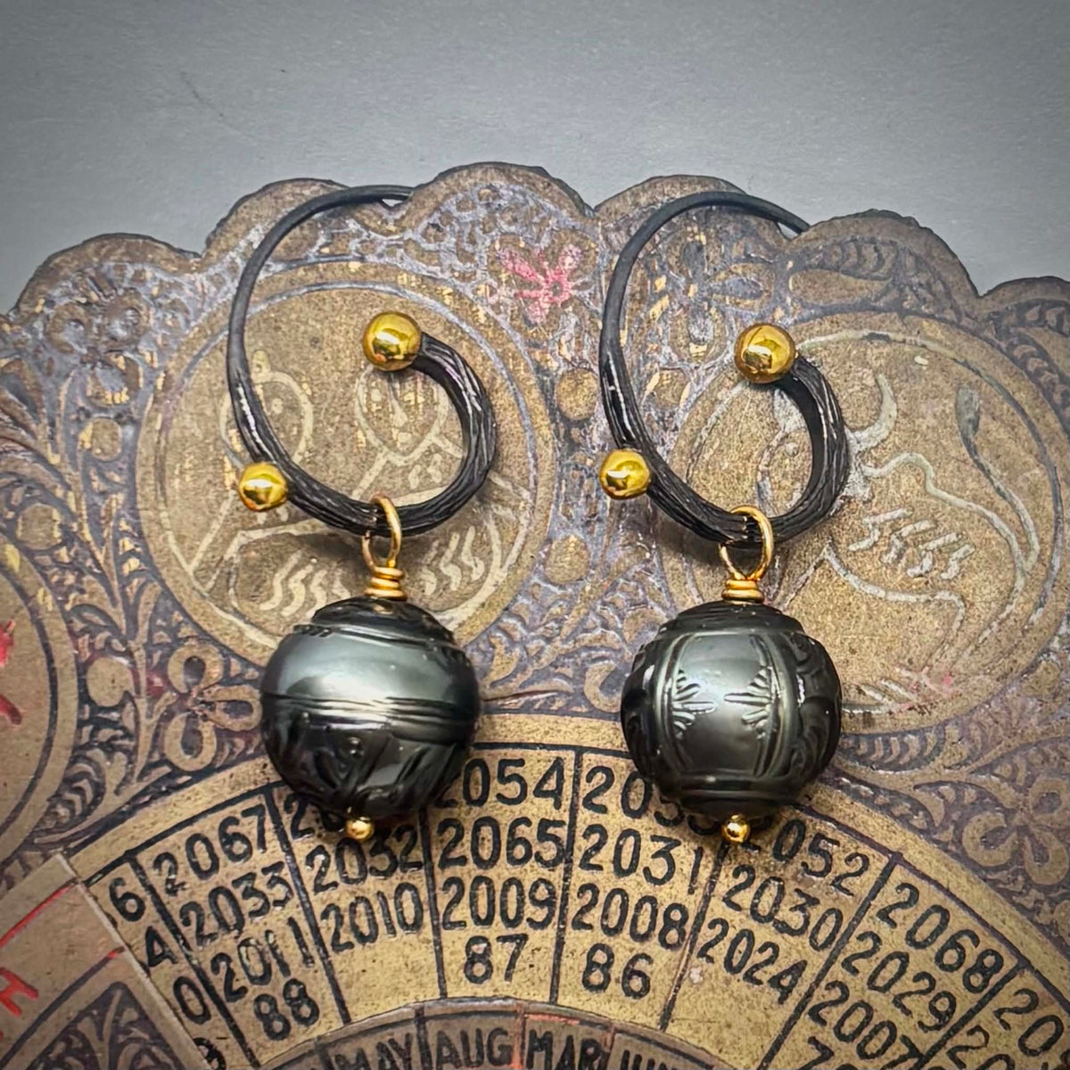 Boho Tattoo Pearl Earrings, 11 mm | Blackened Silver & Gold Accents