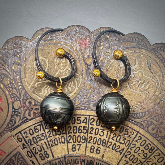 Boho Tattoo Pearl Earrings, 11 mm | Blackened Silver & Gold Accents