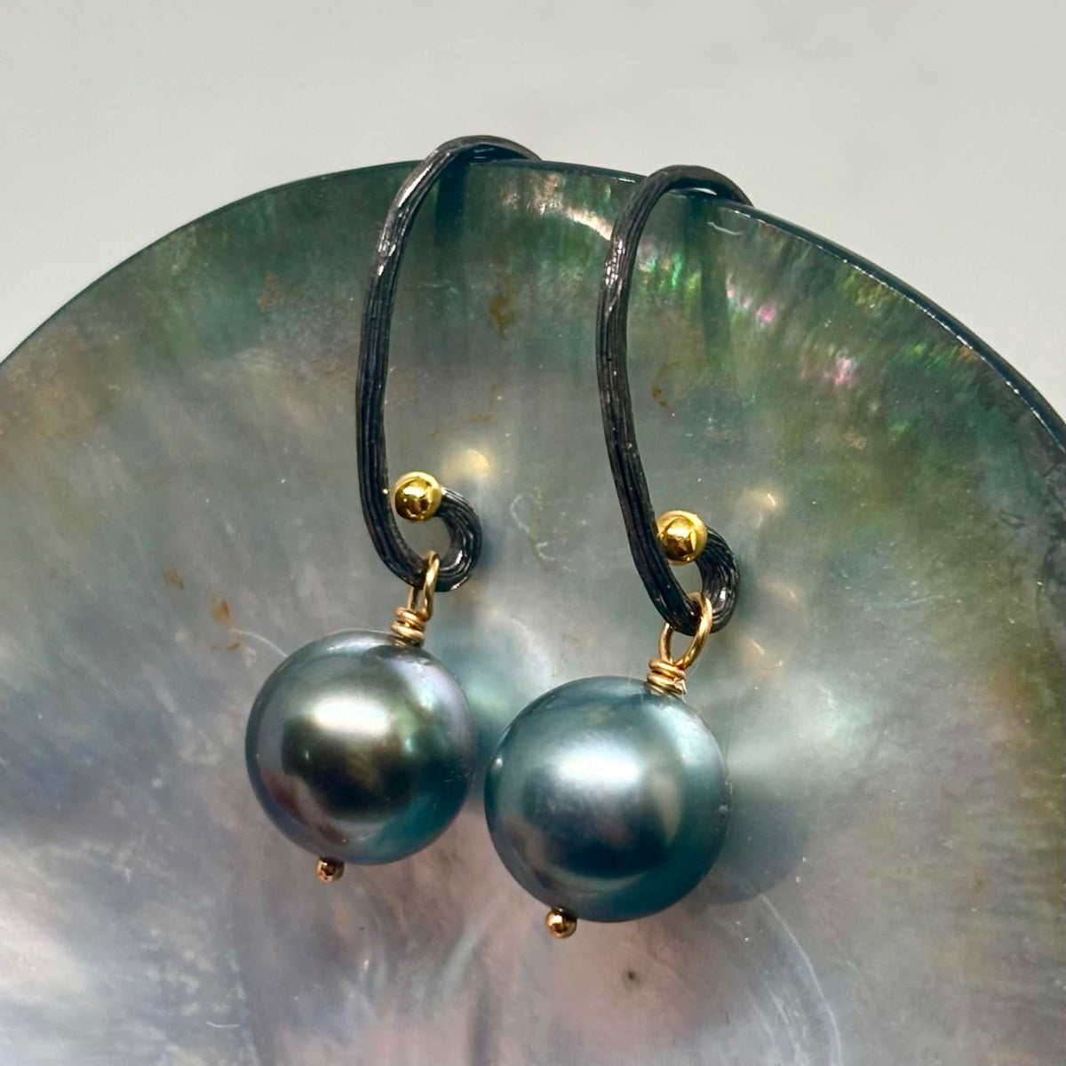 Boho luscious Tahitian Pearl Earrings, 10.5 mm | Blackened Silver & Gold Accents