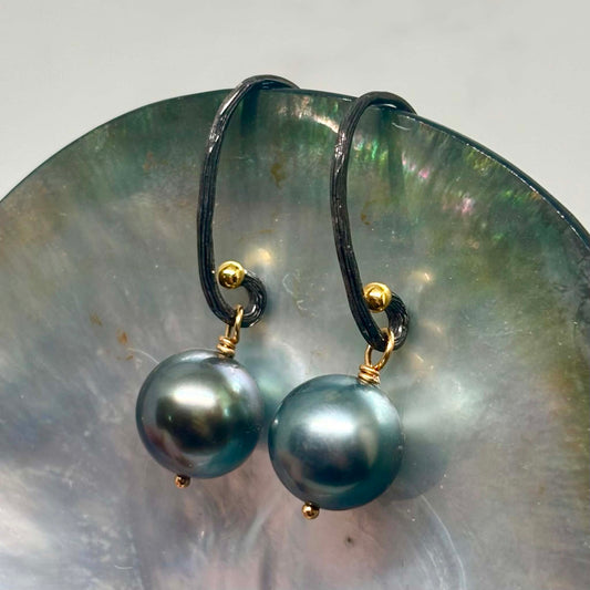 Boho luscious Tahitian Pearl Earrings, 10.5 mm | Blackened Silver & Gold Accents