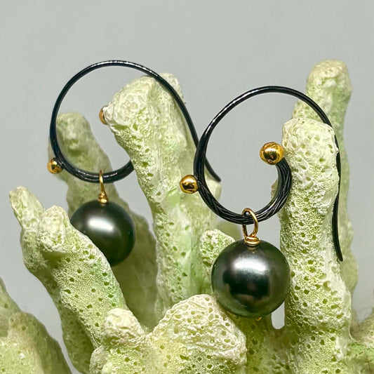 Boho Peacock Tahitian Pearl Earrings, 11 mm | Blackened Silver & Gold Accents