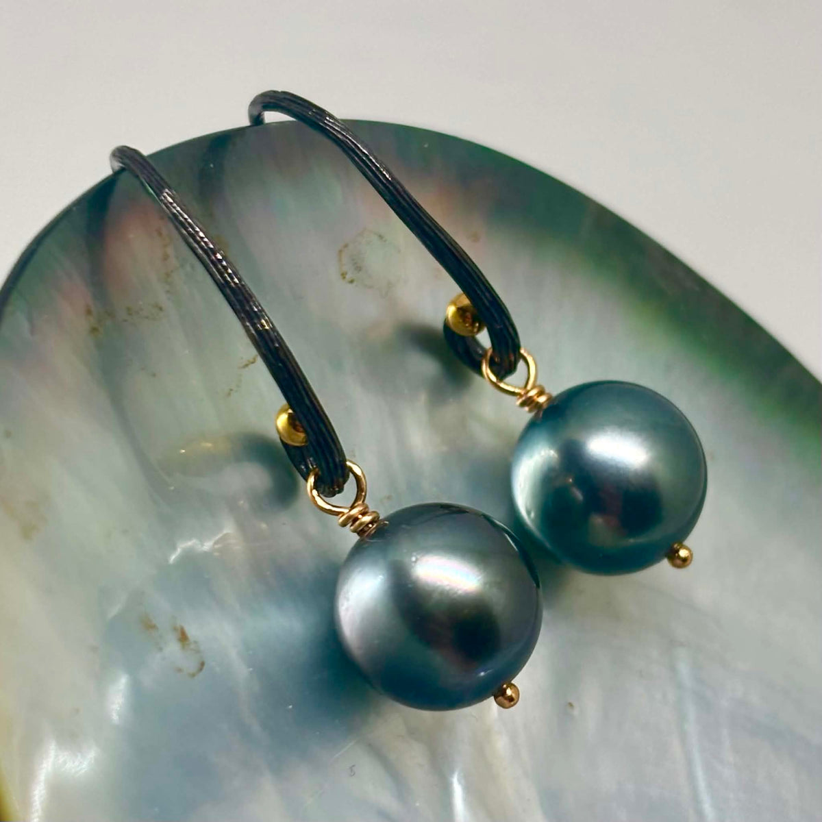 Boho luscious Tahitian Pearl Earrings, 10.5 mm | Blackened Silver & Gold Accents