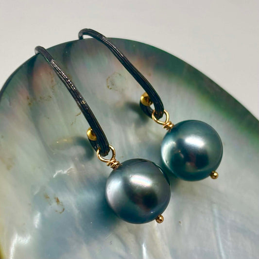 Boho luscious Tahitian Pearl Earrings, 10.5 mm | Blackened Silver & Gold Accents