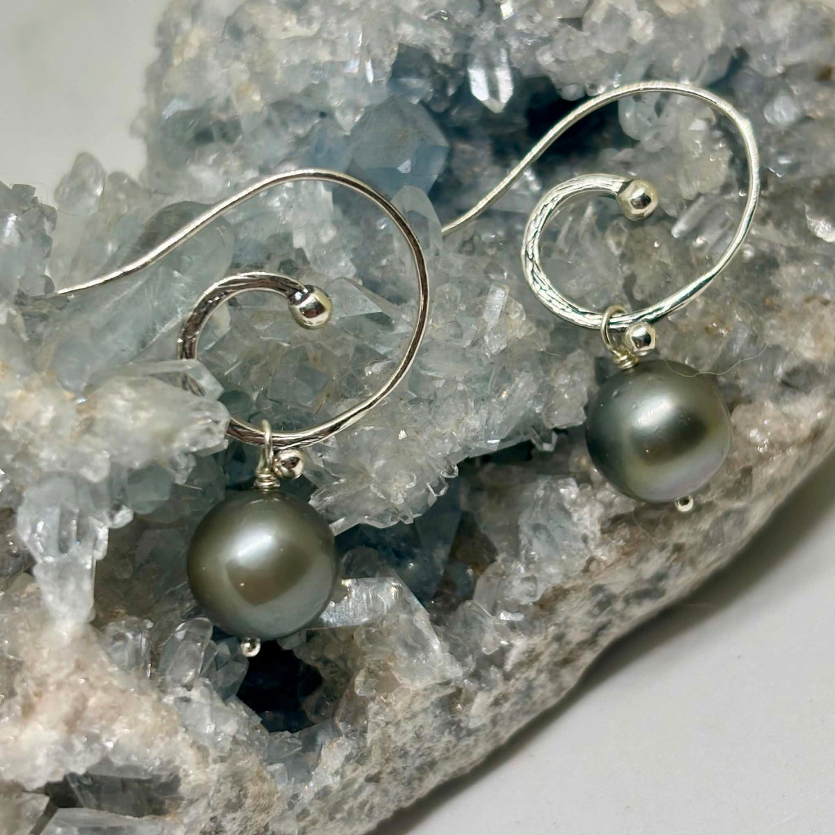 Boho Grey Tahitian Pearl Earrings, 11 mm Silver Hooks
