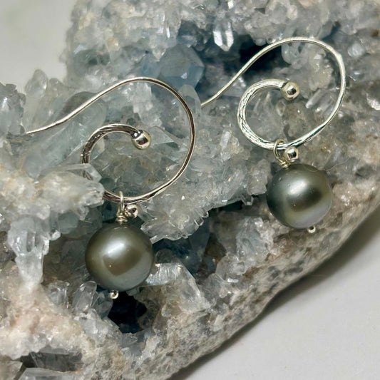 Boho Grey Tahitian Pearl Earrings, 11 mm Silver Hooks
