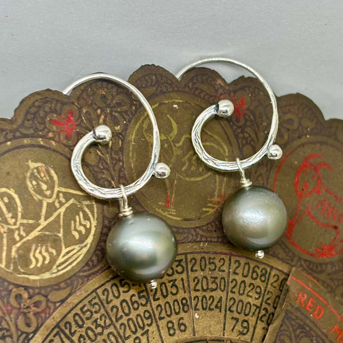 Boho Grey Tahitian Pearl Earrings, 11 mm Silver Hooks
