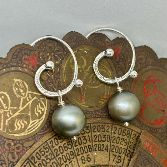 Boho Grey Tahitian Pearl Earrings, 11 mm Silver Hooks