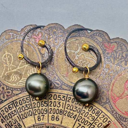 Boho Black Tahitian Pearl Earrings, 10.5 mm | Silver & Gold Accents